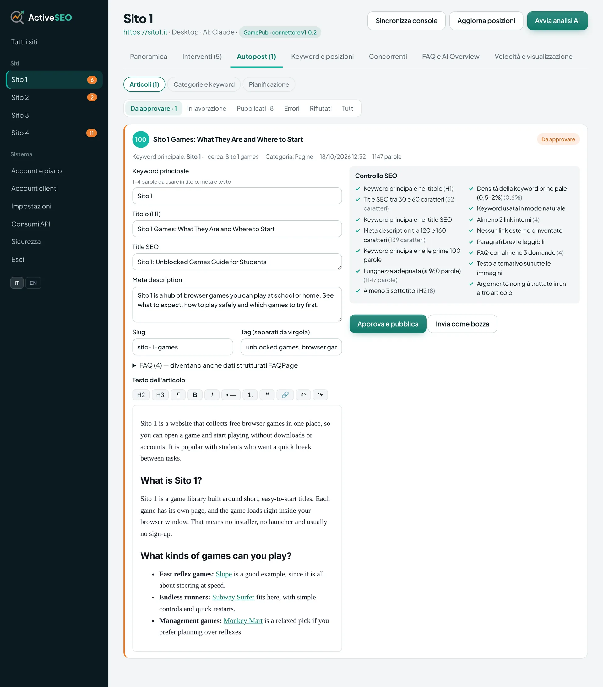 Articolo scritto da Autopost con controllo SEO superato e pulsante Approva e pubblica